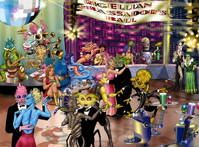 The Rigellian Ambassador's Ball from Fed2 space trading game - that's Hazed and Bella over on the right